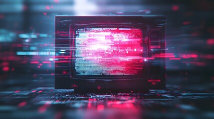 Fototapete - Futuristic neon digital glitch distortion with blurred luminous energy patterns and geometric shapes  Abstract technological backdrop with electric signals data streams and a surreal aesthetic