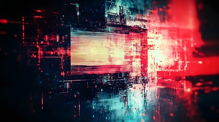 Poster - Futuristic neon digital technology visualization with glitch and data flow effect  Colorful abstract cyber background with dynamic matrix circuit and particle elements