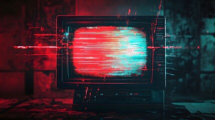 Leinwandbilder - Glitched and distorted digital display with neon lighting and abstract visuals creating a futuristic cyberpunk inspired aesthetic  The vibrant colors dynamic movement