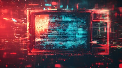Leinwandbilder - Glitched and distorted digital screen with vibrant neon red and blue lights creating a cyberpunk inspired technological environment