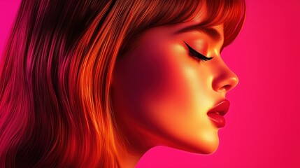 Wall Mural - A profile portrait of a young woman with long hair against a vibrant pink background.