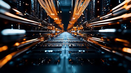 Wall Mural - futuristic data center with glowing fiber optic cables and intricate server architecture