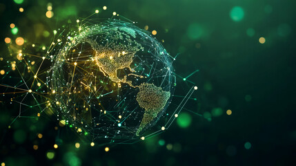 Aufkleber - Glowing planet Earth spinning, revealing interconnected digital network lines with soft bokeh illumination