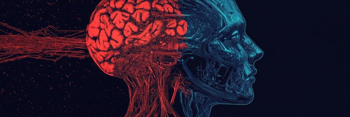 Leinwandbilder - Human and machine merge in a captivating display of cyborg technology and artificial intelligence. Generative AI
