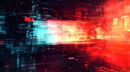 Fototapete - Glitching digital landscape with futuristic neon lights chaotic energetic patterns and abstract technological elements  Vibrant color scheme and striking visual effects create a surreal electric