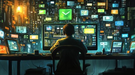 hacker at work in futuristic digital world