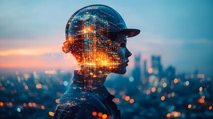 Poster - Glowing Futuristic City Skyline with Intelligence Visualization  Stunning digital of a modern high tech metropolis with a aesthetic