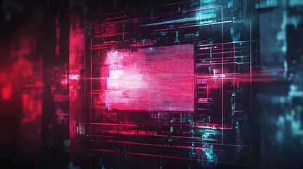Aufkleber - Glowing Futuristic Digital Interface with Neon Lights and Wireframe Grid  Abstract technology background with sci fi HUD elements data visualization and glitch effects