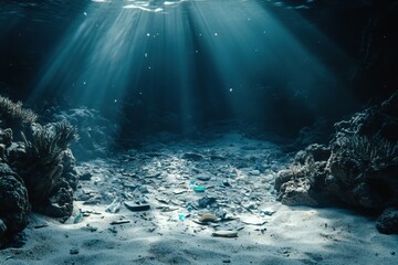 Aufkleber - Underwater view of damaged coral reefs amidst plastic debris and scattered marine waste illuminated by soft light. Generative AI