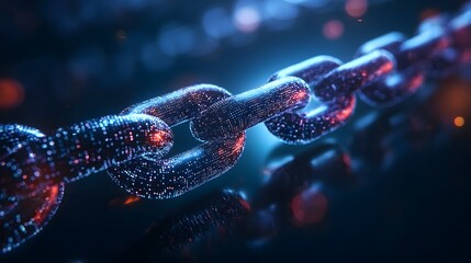 Poster - Glowing metallic chains interconnected in a futuristic digital backdrop with a dynamic luminous flow of energy  The image represents the concept of technological advancement innovation