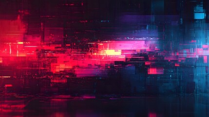 Fototapete - Immerse yourself in a captivating digital landscape where the boundaries of reality blur and a mesmerizing fusion of abstract glitch infused visuals and vibrant neon hues create a surreal