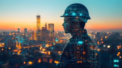 Poster - Innovative future city skyline illuminated with futuristic technology and smart infrastructure at sunset  Skyscrapers and highrise buildings in a thriving urban metropolis with lights finance