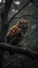 A large brown owl is perched on a tree branch