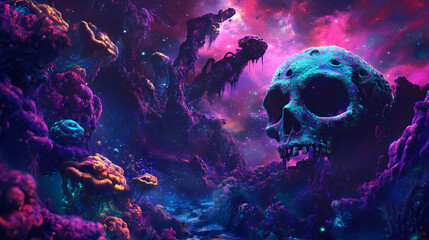 Poster - Psychedelic voyage - close up stoner, alien, and skull in a celestial cosmic realm gen ai. Eldritch Cosmic Horror Landscape. Illustration