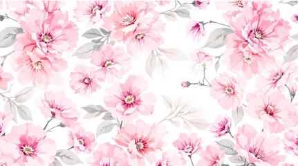  Seamless pattern with pink flowers painted in watercolor style on a white background, elegant floral design	