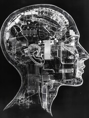 Leinwandbilder - Human head outline filled with schematic representations of artificial intelligence mechanisms. Generative AI