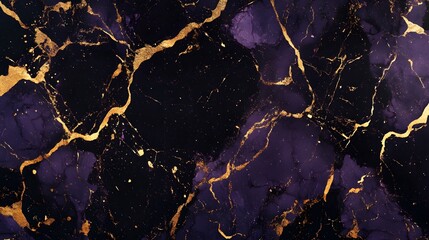 Aufkleber - Luxurious Cracked Marble Texture with Golden Veins and Purple Hues Abstract Background