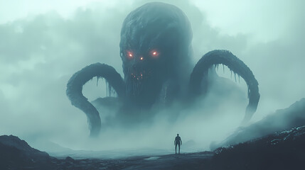 Poster - A lone figure stands before a colossal, tentacled monster with glowing eyes in a surreal, foggy landscape, embodying lovecraftian dread and horror. Eldritch Cosmic Horror Landscape. Illustration