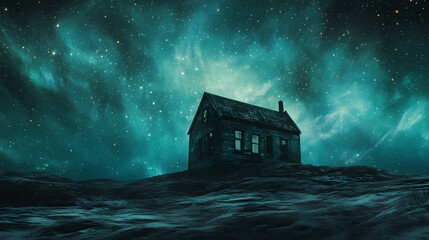 Poster - Cosmic horror: solitary house beneath aurora borealis and starry sky. Eldritch Cosmic Horror Landscape. Illustration