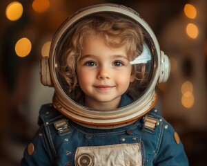 humans and space flight. child in astronaut helmet, smiling