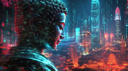 Buddha statue with data overlay and futuristic city background