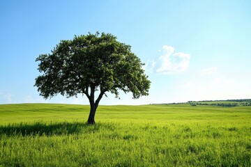 Poster - Lone tree standing tall in a vibrant green meadow under a clear blue sky during daylight. Generative AI