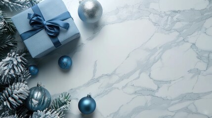 Canvas Print - White terrazzo background with scattered Christmas decorations and gift boxes