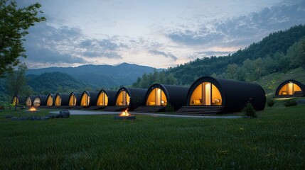 Poster - Modern Cabins at Dusk in Scenic Landscape ,holiday summer 2025 Concept