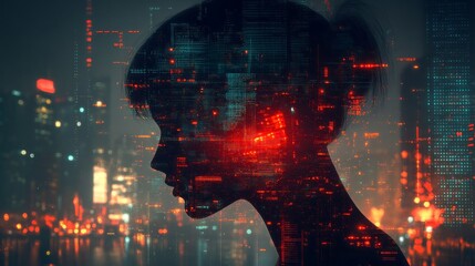 woman silhouette overlaid with digital data and city backdrop