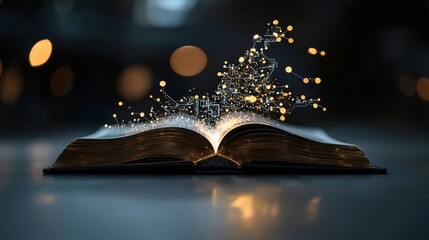 An open book with pages transforming into digital data streams symbolizes the fusion of technology and education within AI-powered educational tools