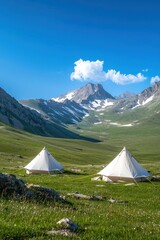 Poster - Serene Mountain Camping under Blue Sky and Clouds ,holiday summer 2025 Concept