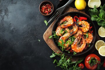 Aufkleber - Grilled shrimp served with fresh vegetables and citrus garnishes on a rustic wooden board in a cozy kitchen. Generative AI