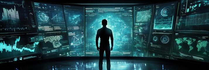 Fototapete - Futuristic human silhouette surrounded by advanced AI graphs and data visualizations in a tech environment. Generative AI