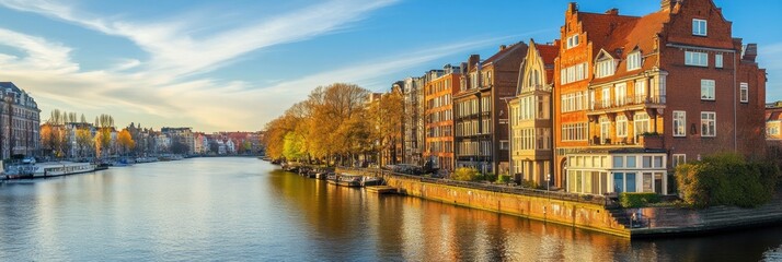 Poster - Sunset illuminates elegant buildings along a serene river in a vibrant city landscape. Generative AI