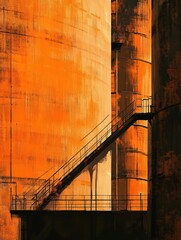 Poster - Massive industrial gas storage tanks illuminated by warm orange sunset sky. Generative AI