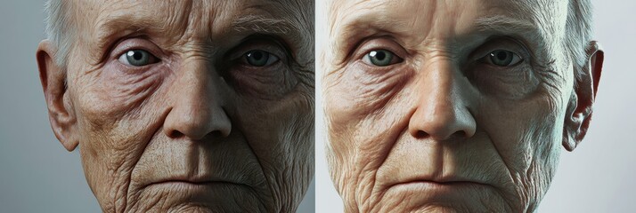 Poster - Transformation of an aged face to a youthful appearance showcasing the contrast of time on skin. Generative AI