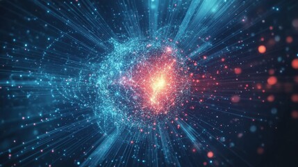 Wall Mural - exploding digital particles radiating from a central glowing core, shades of blue and red, intense a