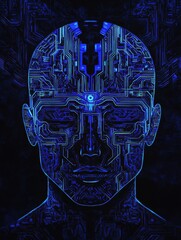 Aufkleber - Silhouette of a human head with glowing circuit board design representing advanced AI technology and futuristic concepts. Generative AI