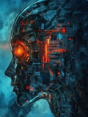 Aufkleber - Fusion of human and machine in a futuristic landscape featuring an AI enhanced cybernetic form. Generative AI