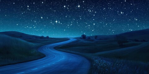 Wall Mural - Road with a blue stripe and a field of grass