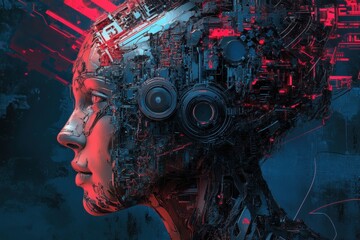 Leinwandbilder - Human head outline merging organic and mechanical forms with detailed cybernetic textures in a sci fi color scheme. Generative AI