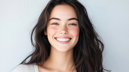 Wall Mural - Portrait of a young woman with long brown hair smiling brightly in a natural outdoor setting