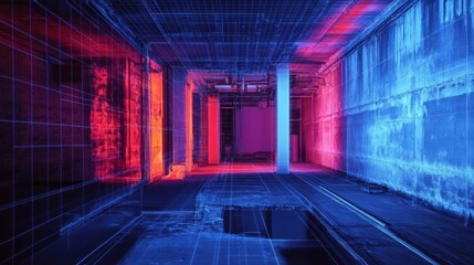 Poster - High tech thermal imaging revealing gas leak with striking blue and red heat signatures in industrial environment. Generative AI