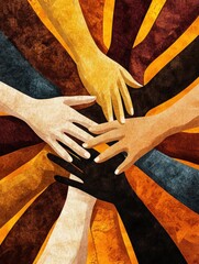 Aufkleber - Interconnected hands symbolize unity and support among diverse communities in a vibrant illustration showcasing diversity. Generative AI