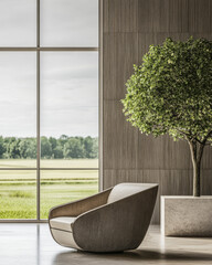 Wall Mural - Modern interior with a cozy chair and a tree overlooking a scenic landscape