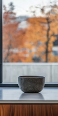 Wall Mural - Bowl on a table with autumn leaves visible through the window in natural light