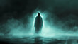 © Thiago - Ghostly apparition, phantasm , spirit, of a man standing by the river of the dead in a dark mist. related to death, sadness, memorial, funerals. Flickering Phantoms in the Mist. Illustration
