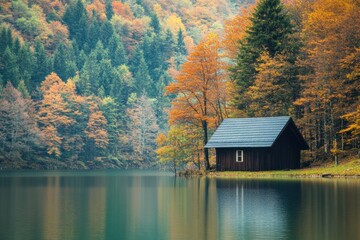 Fototapete - Colorful autumn foliage surrounds a serene cabin by a peaceful lake in the mountains. Generative AI
