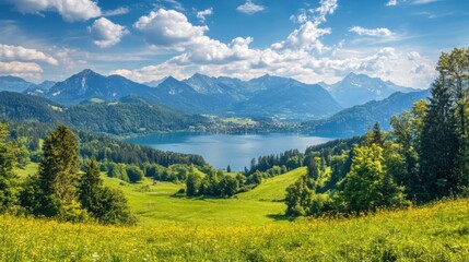Fototapete - Breathtaking view of a serene lake surrounded by mountains and lush greenery in the afternoon sunlight with clear blue sky. Generative AI