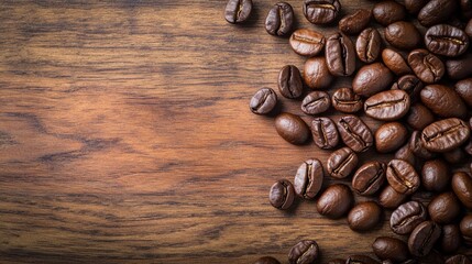 Poster - Freshly roasted coffee beans scattered on a wooden surface creating a rich aroma and inviting atmosphere. Generative AI